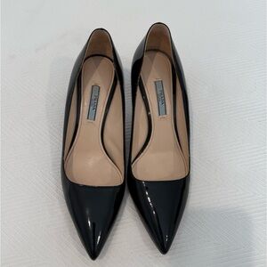 Prada Black Patent Pointed Pumps with Gold Metal Heel